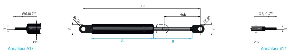 Gasdruckfeder 16-1 mit Anschluss Auge am Gewinde und Rohr