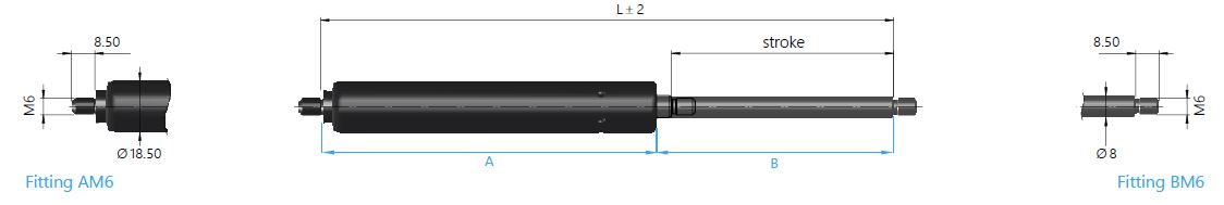 Ressort à gaz type 16-1 Longueur 160 mm 420 N Tube 15 mm 01625075 Raccordement oeil Barre de piston 6 mm Ressort à gaz SUSPA Liftline 